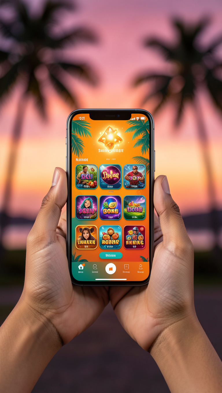 Scatter Game mobile casino app on iPhone with tropical sunset background