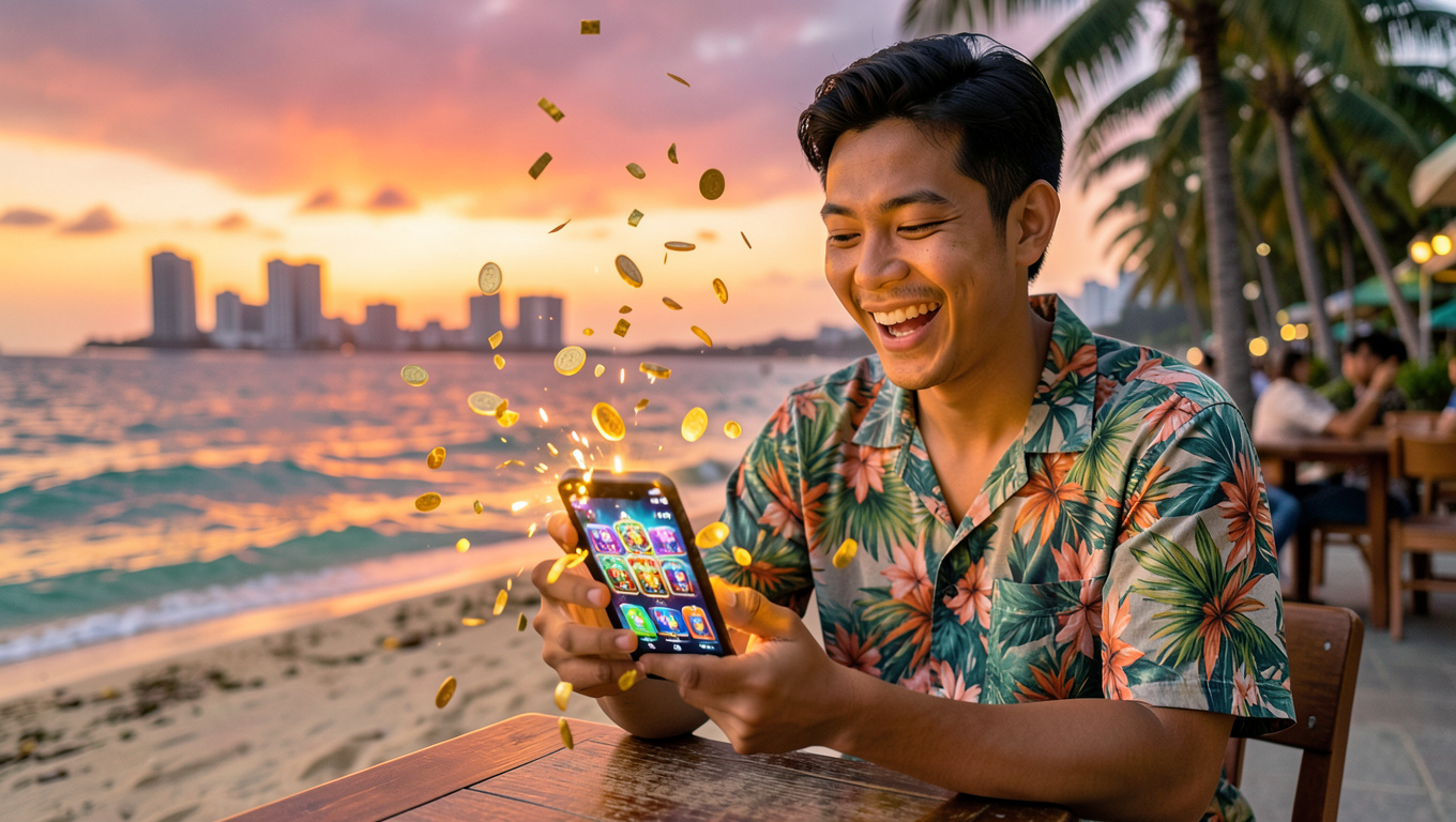 Filipino player at Manila Bay sunset using Scatter Game casino app
